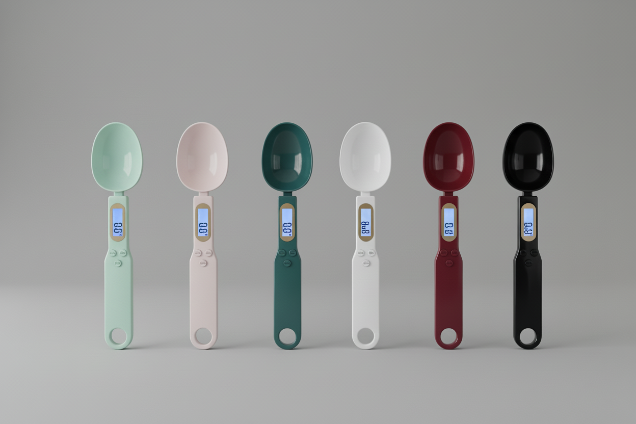 Löffelwaagen mit grauem Hintergrund