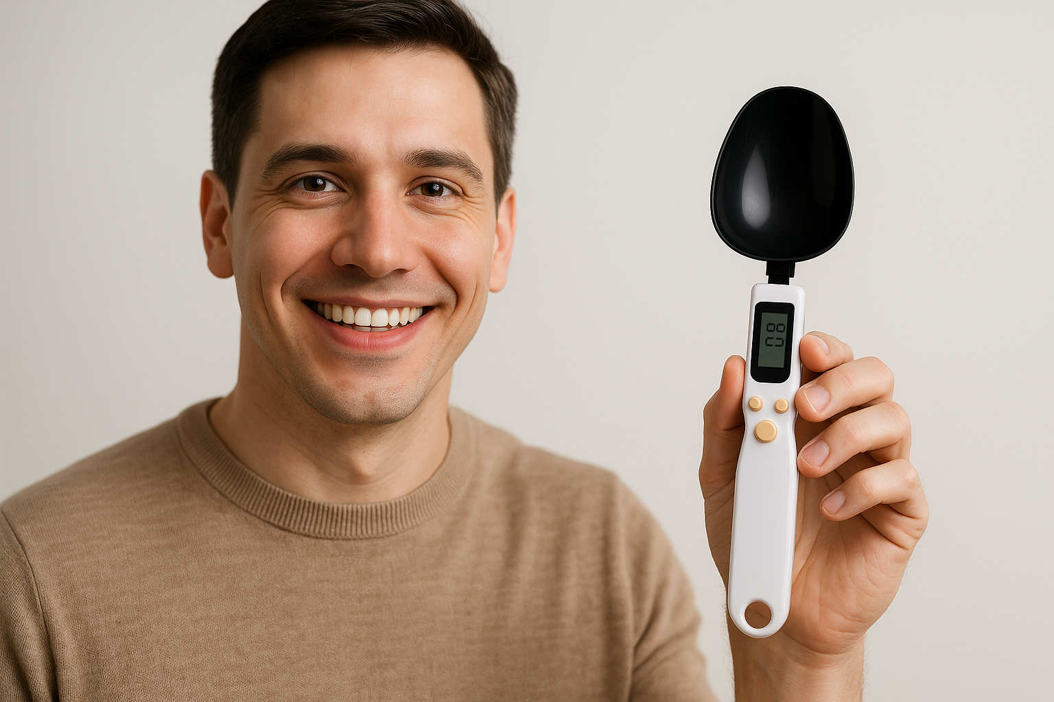 Person mit digitaler Löffelwaage